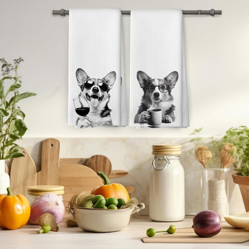 Mcehtle Funny Corgi Kitchen Towels Set of 2, Funny Dog Kitchen Accessories, Coffee Station Wine Bar Decor, Dog Chef Gift Hand Towel, Dining Room Decorative Tea Towel Dish Towels 16x24 Inch - Image 4
